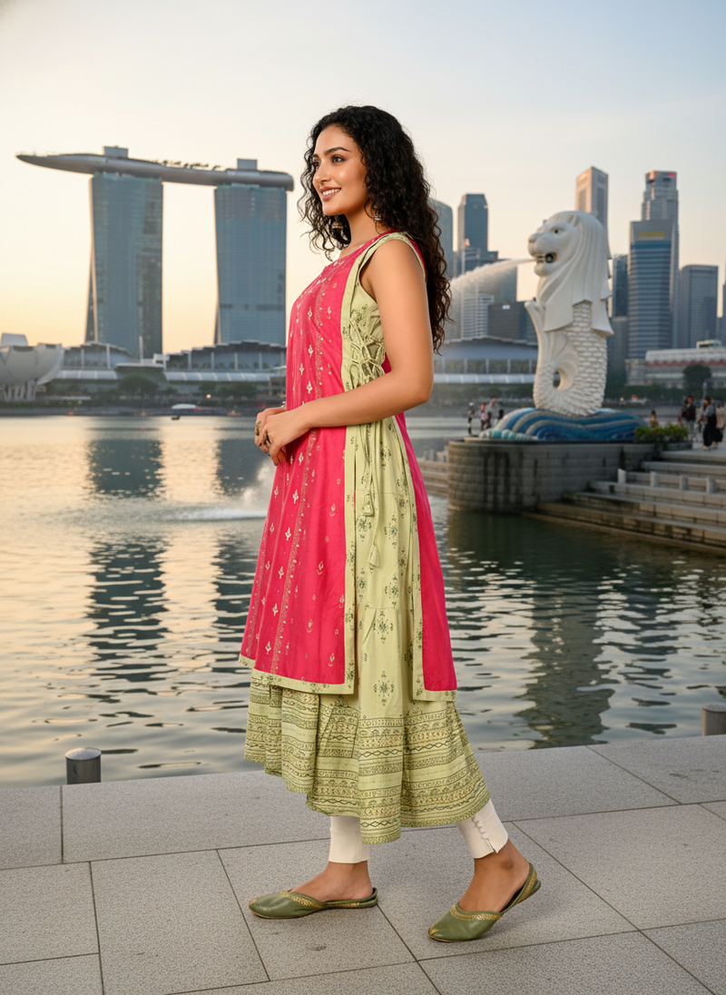 Light coffee  cotton inner with chanderi layered jacket kurti set