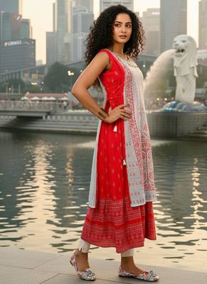 Red  cotton inner with chanderi layered jacket kurti set 2