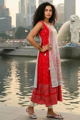 Red  cotton inner with chanderi layered jacket kurti set
