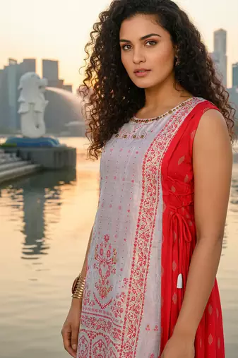 Red  cotton inner with chanderi layered jacket kurti set