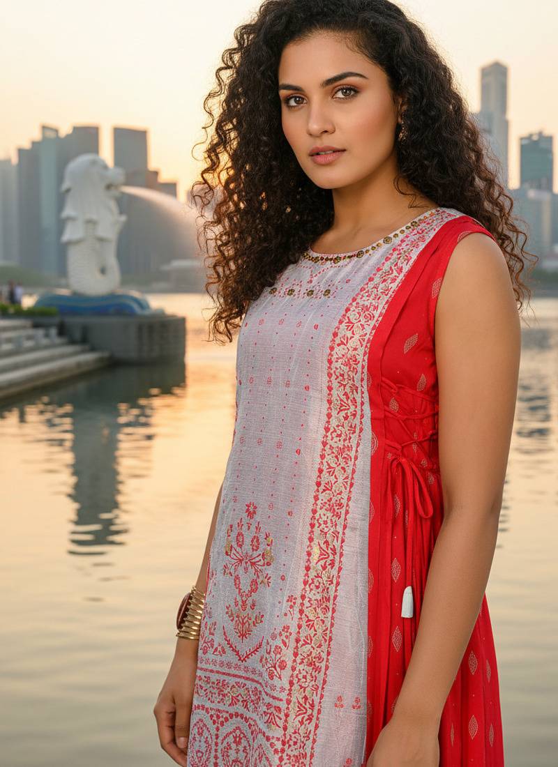 Red  cotton inner with chanderi layered jacket kurti set