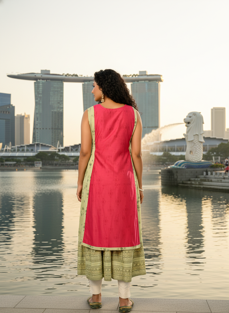 Light coffee  cotton inner with chanderi layered jacket kurti set