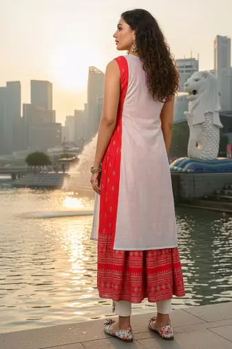 Red  cotton inner with chanderi layered jacket kurti set