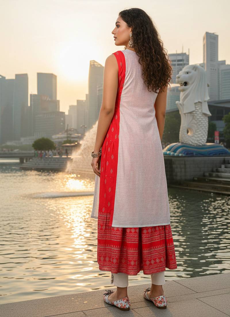 Red  cotton inner with chanderi layered jacket kurti set