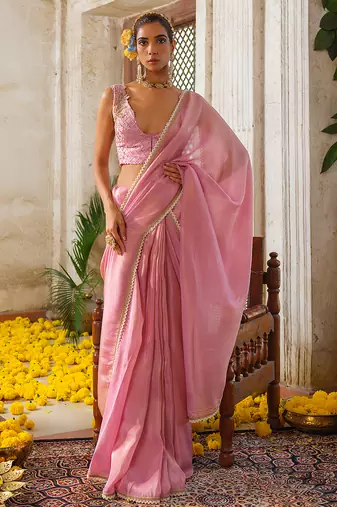 Pink embroidered tissue silk saree