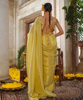 Yellow embroidered tissue silk saree 2