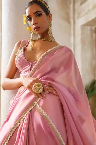 Pink embroidered tissue silk saree