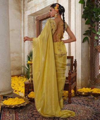 Yellow embroidered tissue silk saree 4
