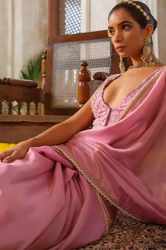 Pink embroidered tissue silk saree