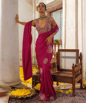 Pink embroidered silk saree 1