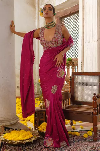 Pink embroidered silk saree