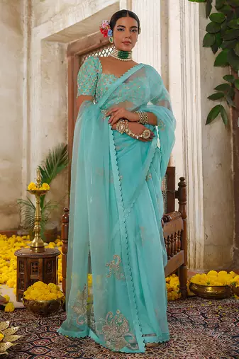 Blue embroidered organza saree