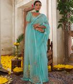 Blue embroidered organza saree