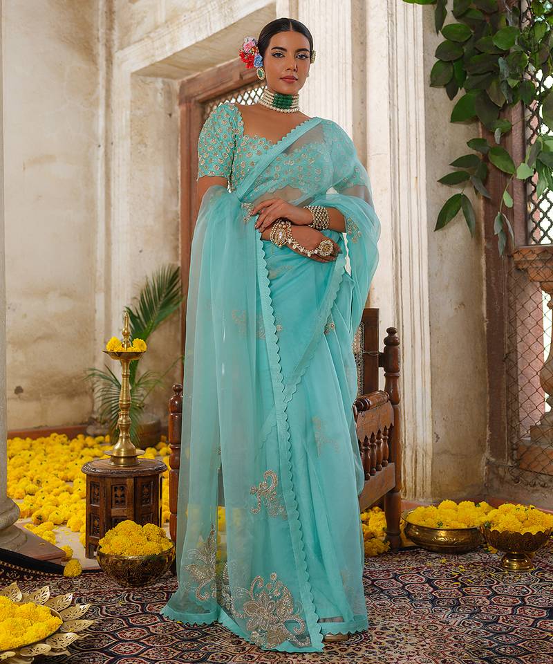 Blue embroidered organza saree