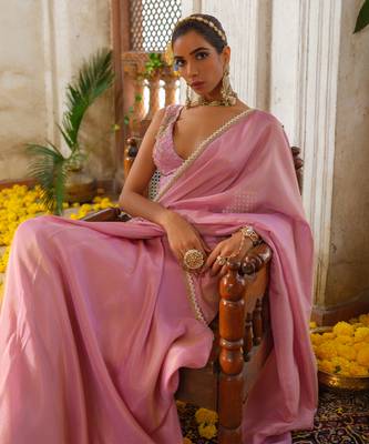 Pink embroidered tissue silk saree 4