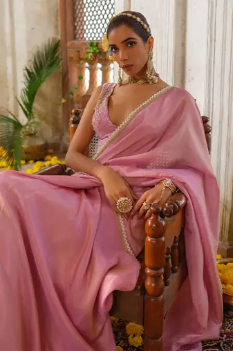 Pink embroidered tissue silk saree