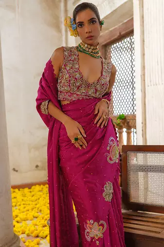 Pink embroidered silk saree