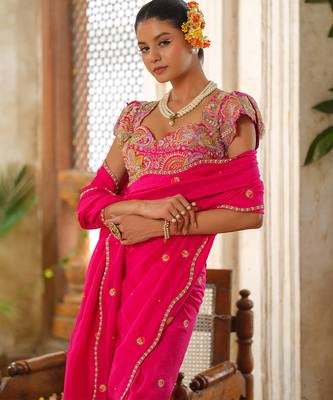 Pink embroidered silk saree 1