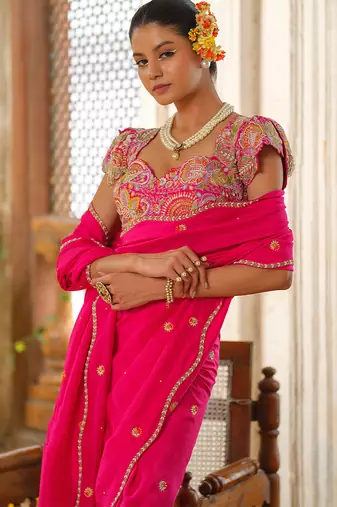 Pink embroidered silk saree