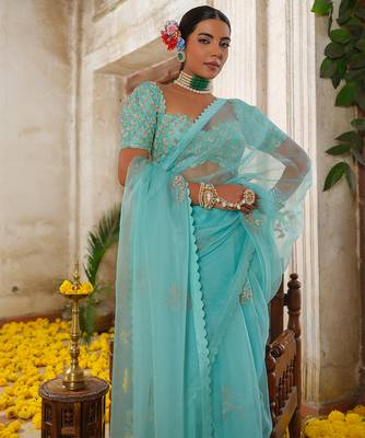 Blue embroidered organza saree 2