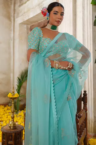 Blue embroidered organza saree