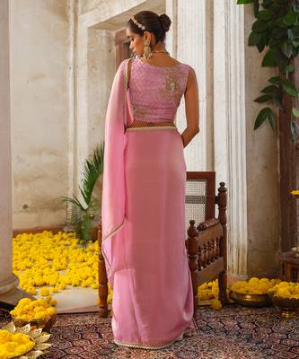 Pink embroidered tissue silk saree 5