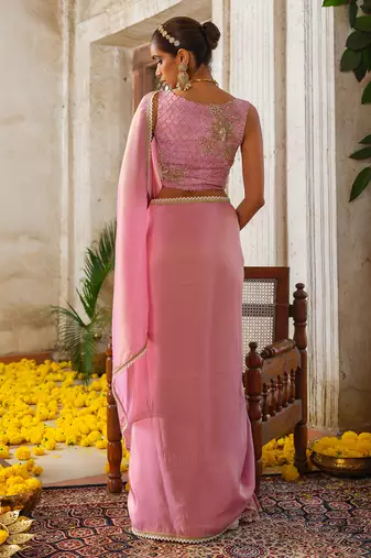Pink embroidered tissue silk saree