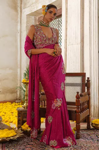 Pink embroidered silk saree