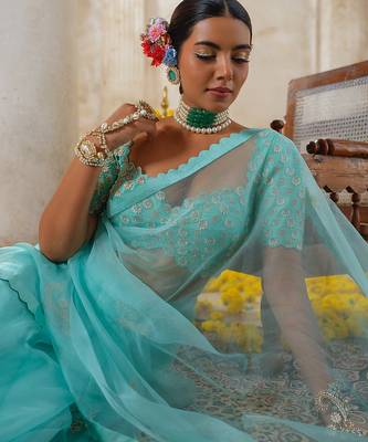 Blue embroidered organza saree 3