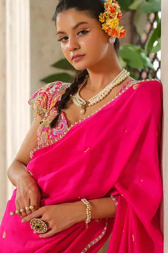 Pink embroidered silk saree