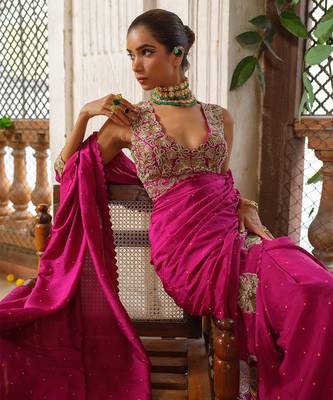 Pink embroidered silk saree 4