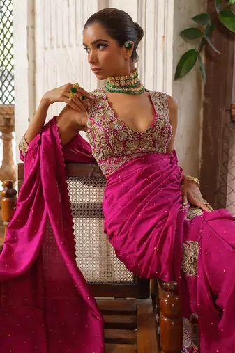 Pink embroidered silk saree