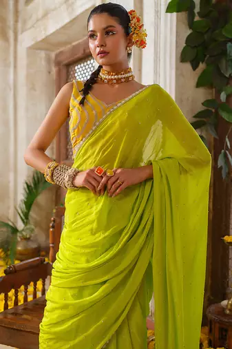 Green embroidered chiffon saree