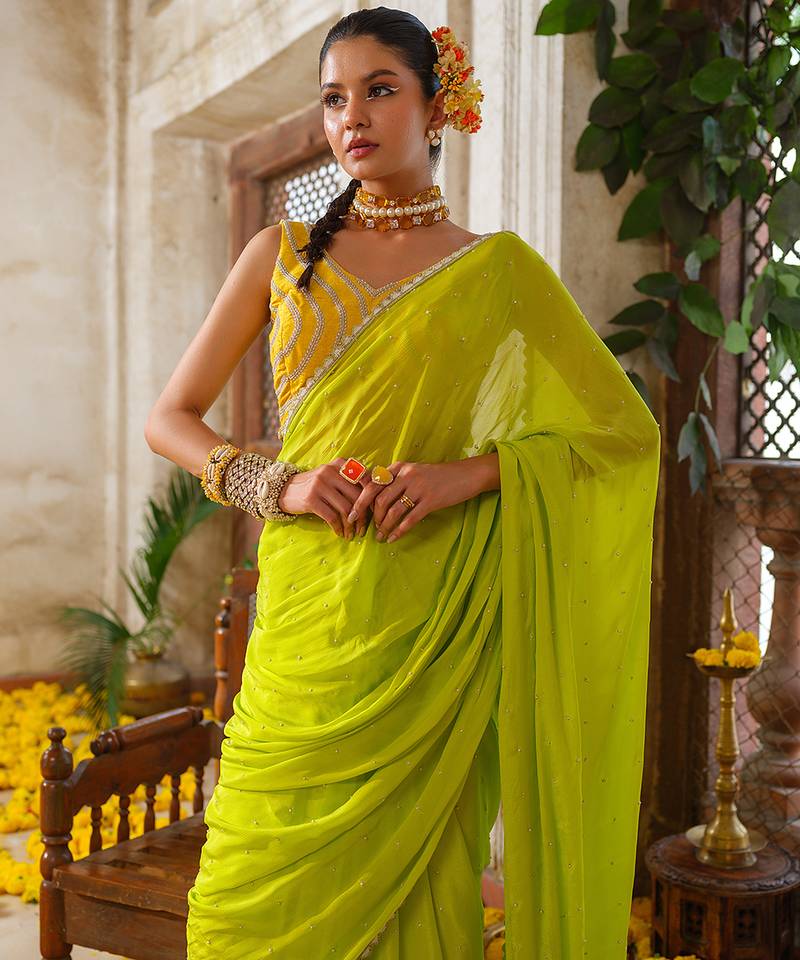 Green embroidered chiffon saree