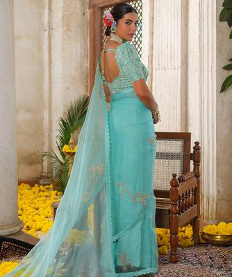 Blue embroidered organza saree 4