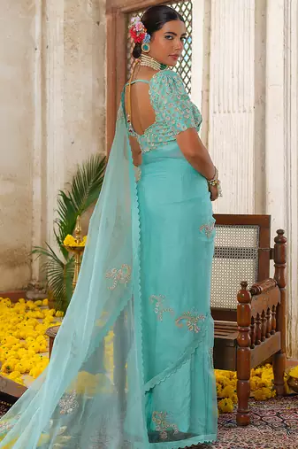 Blue embroidered organza saree