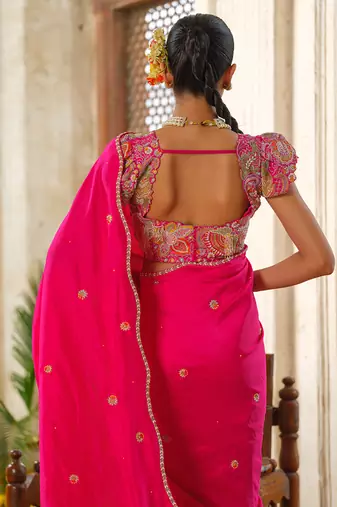 Pink embroidered silk saree