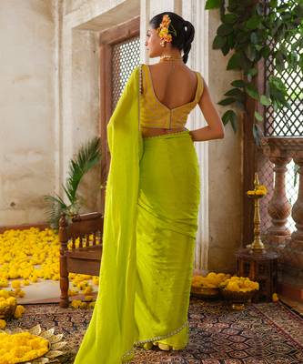 Green embroidered chiffon saree 3