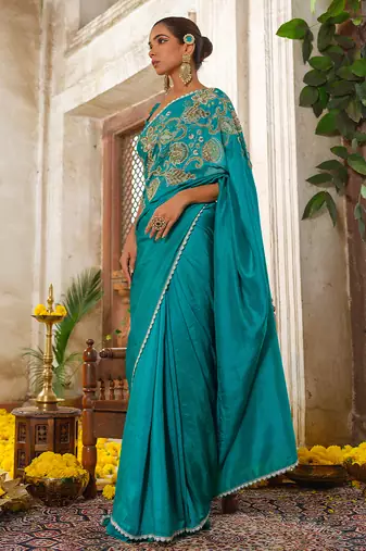 Blue embroidered silk saree