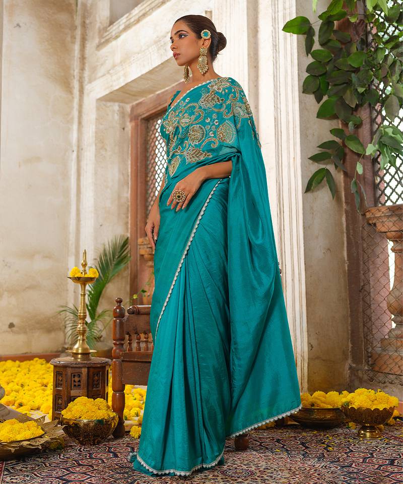 Blue embroidered silk saree