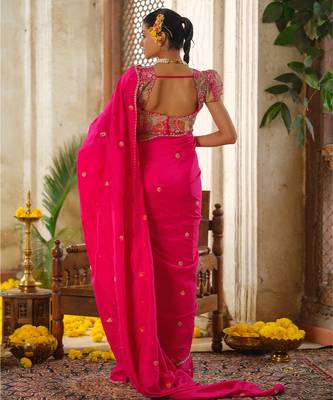 Pink embroidered silk saree 4