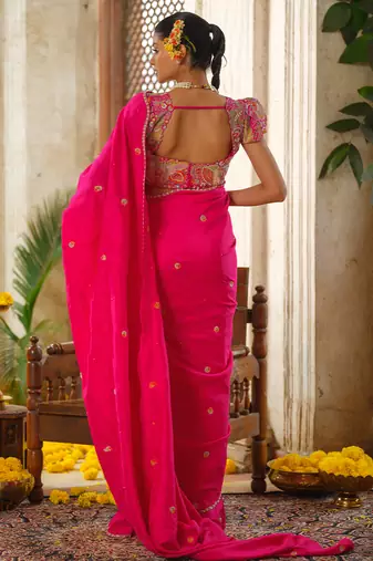 Pink embroidered silk saree