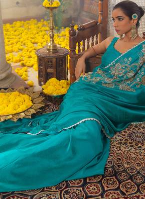 Blue embroidered silk saree 2