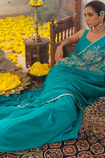 Blue embroidered silk saree