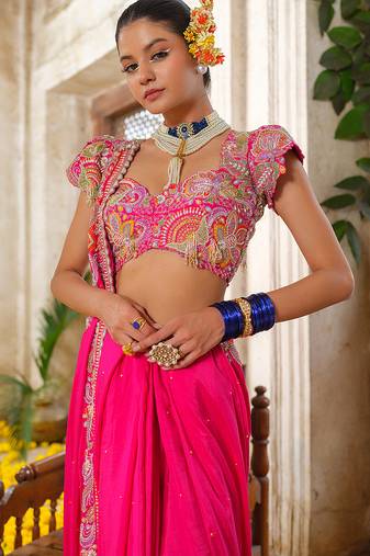 Pink embroidered silk saree