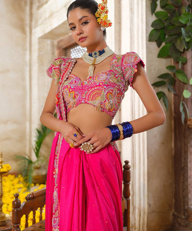 Pink embroidered silk saree