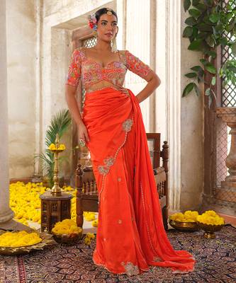 Orange embroidered silk saree 1