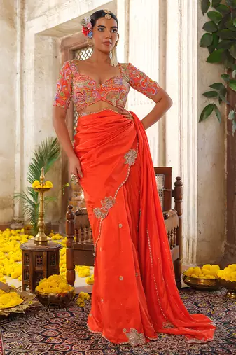 Orange embroidered silk saree