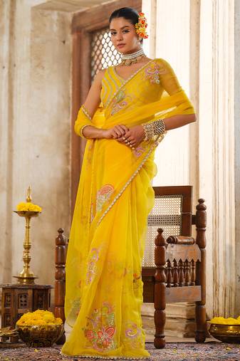 Yellow embroidered organza saree