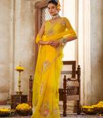 Yellow embroidered organza saree
